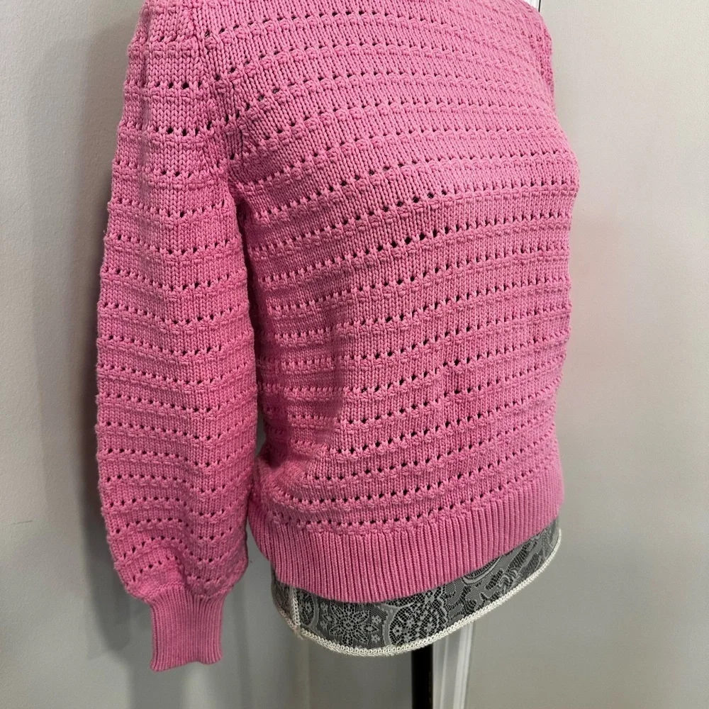 J.Crew Size S Balloon Sleeve Pointelle crochet Sweater Baby Pink Cotton Blend.
